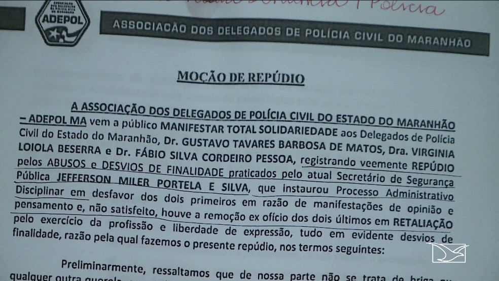 Associação dos Delegados de Polícia Civil do Maranhão (Adepol-MA) afirma que alguns delegados estariam sofrendo retaliações. (Foto: Reprodução/TV Mirante)