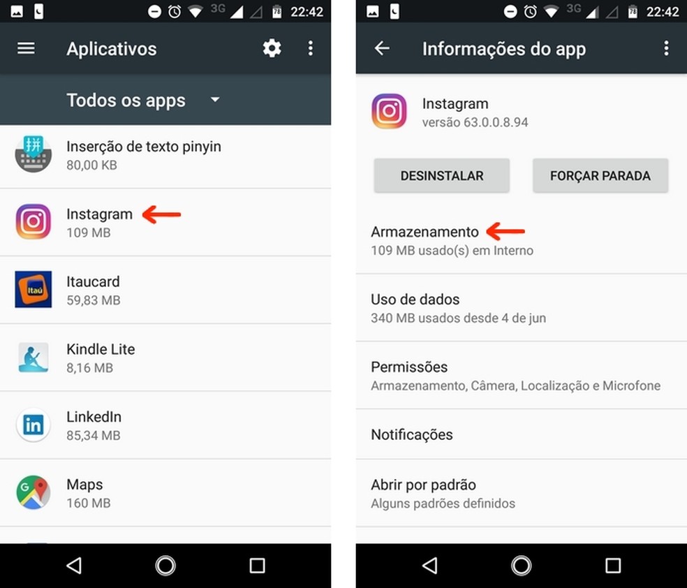 Acesso às configurações de armazenamento do Instagram no celular Android — Foto: Reprodução/Raquel Freire