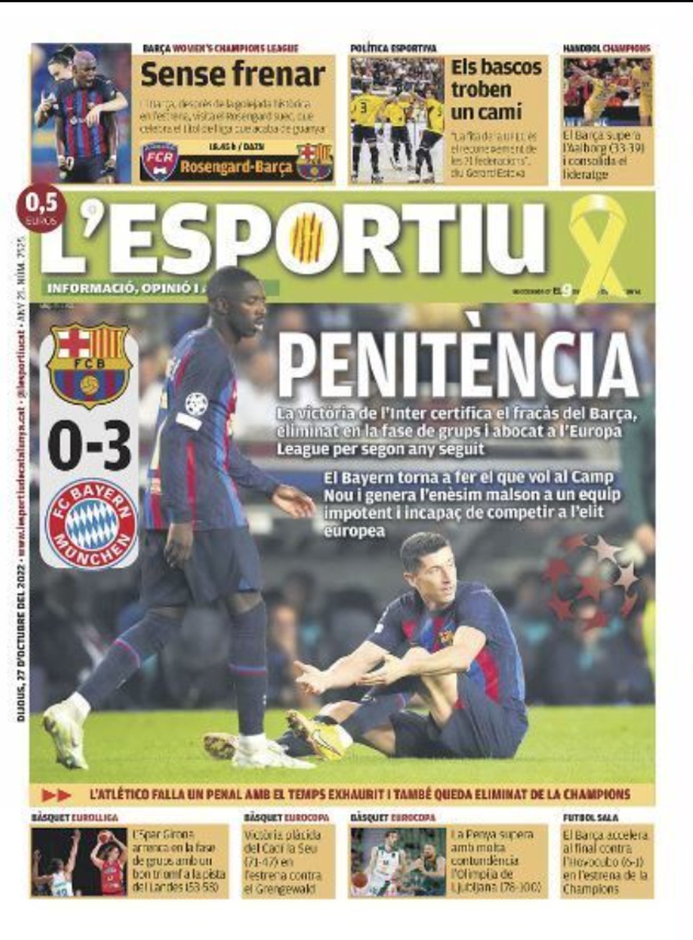 Capa do jornal "L'Esportiu" sobre a eliminação do Barcelona na Champions League — Foto: Reprodução / Internet