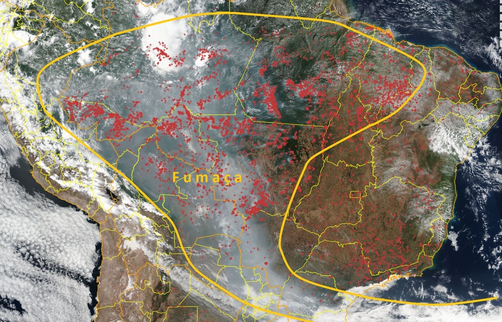 Imagem de satélite divulgada pelo Inpe mostra o deslocamento da fumaça iniciando em 8 de setembro — Foto: Inpe/Programa Queimadas