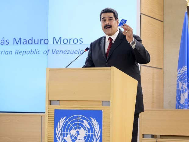 Presidente da Venezuela, Nicolás Maduro, discursa nesta quinta-feira (12) ante o Conselho de Direitos humanos da ONU em Genebra (Foto: AFP PHOTO / FABRICE COFFRINI)