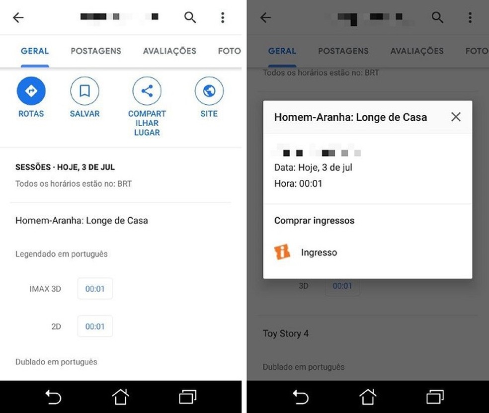 Ao consultar um cinema no Google Maps, o usuário também pode realizar a compra de ingressos para a sessão — Foto: (Reprodução/Maria Dias)