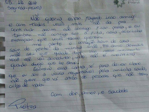 Pietra deixou uma carta aos familiares ao desaparecer em SP (Foto: Reprodução/Facebook)
