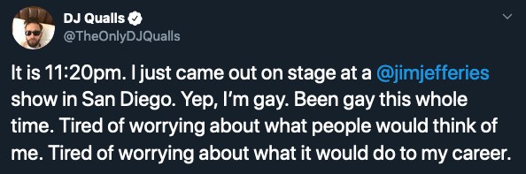 O tuíte com o qual o ator DJ Qualls tornou pública sua orientação sexual (Foto: Twitter)