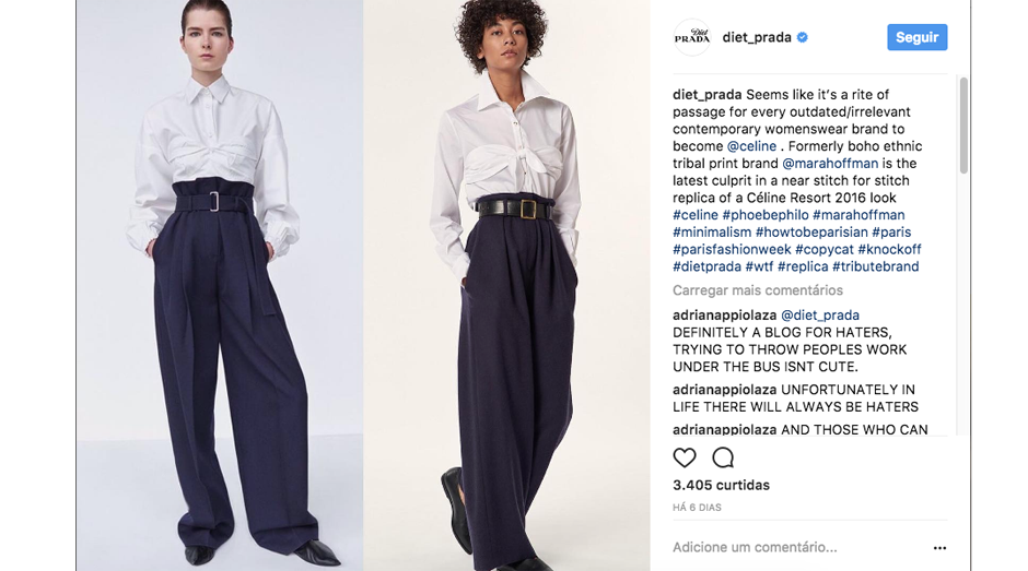 Comparação entre look divulgado em 2017 pela estilista Mara Hoffman e foto da Céline de 2016 (Foto: Instagram.com/@diet_prada)