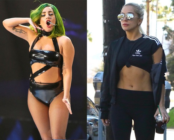 Evolução da boa forma de Gaga: à esquerda, em 2014; à direita, em 2016 (Foto: AKM-GSI)