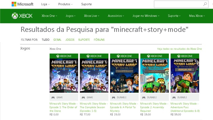 Faça uma busca por Minecraft: Story Mode na loja da Microsoft e verá o primeiro episódio nos resultados para Xbox One e Xbox 360 (Foto: Reprodução/Rafael Monteiro)