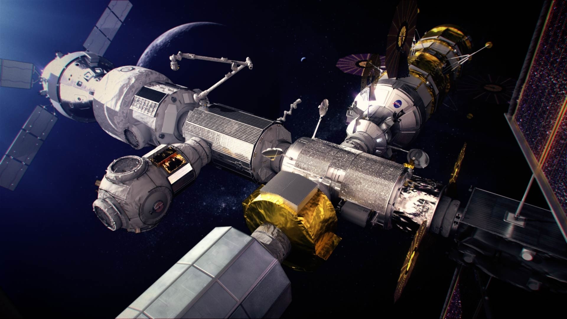 O Canadá é responsável pela construção de um braço robótico articulado — o Canadarm3 —, que fará parte da infraestrutura da estação espacial em órbita lunar a ser instalada pela agência norte-americana no satélite, a Lunar Gateway (Foto: Canadian Space Agency, NASA)