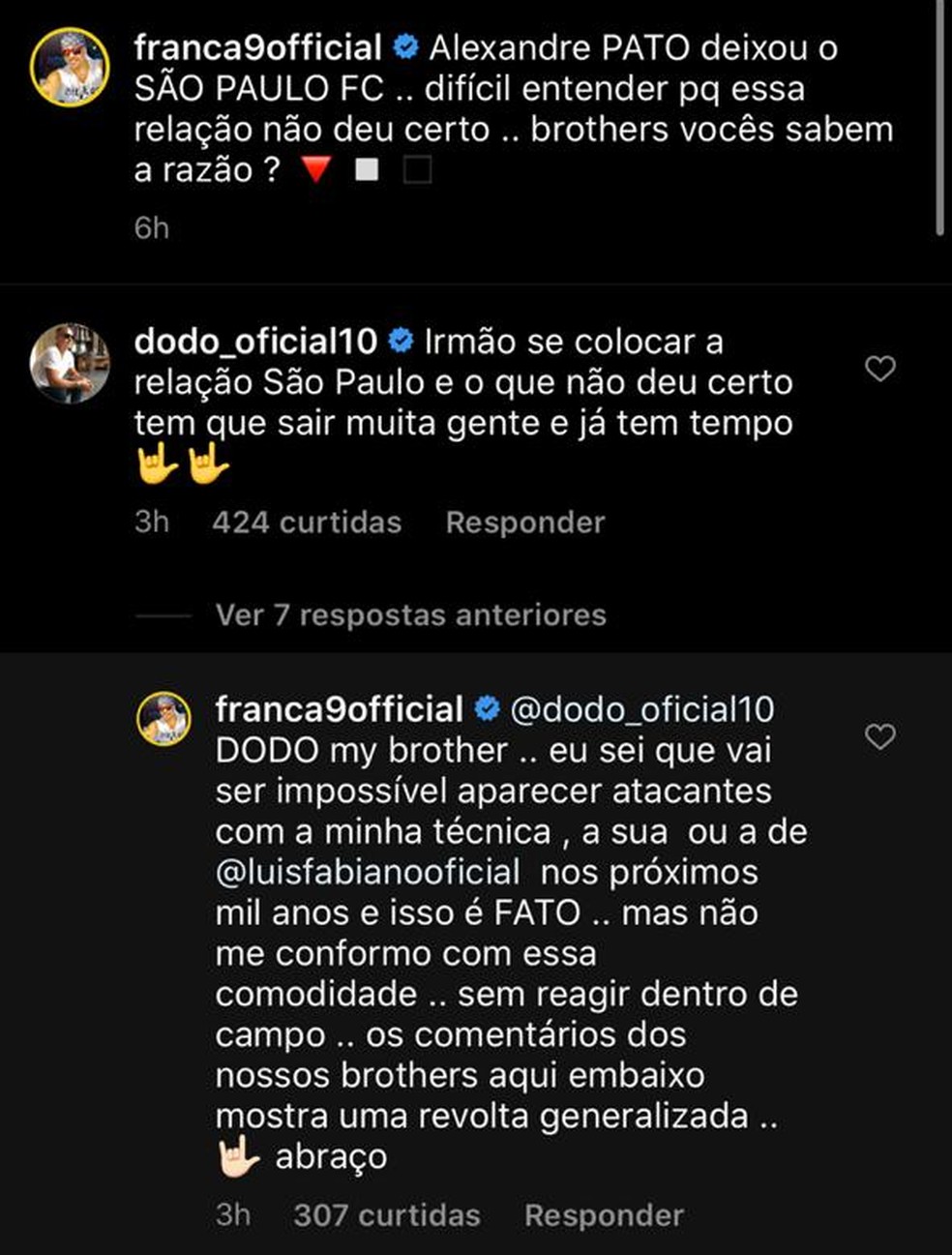 Postagem de França sobre Alexandre Pato — Foto: Reprodução