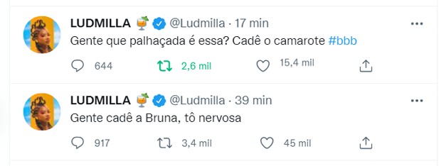 Ludmilla se incomoda com demora da entrada de Brunna Gonçalves no BBB22 (Foto: Reprodução/Twitter)