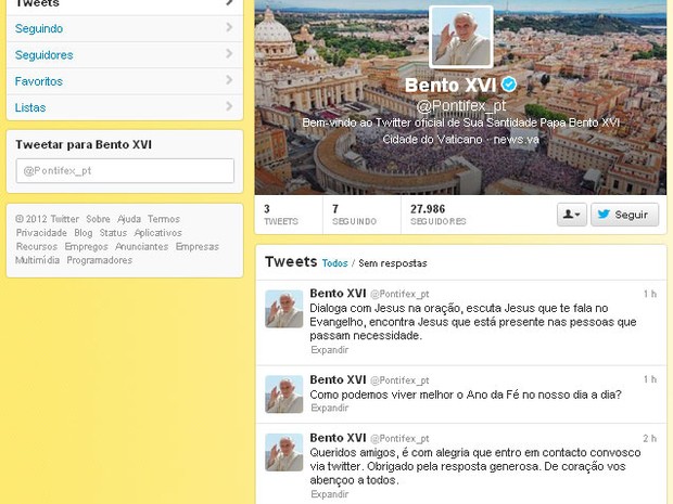 Primeira postagem do papa Bento XVI no Twitter (Foto: Reprodução)