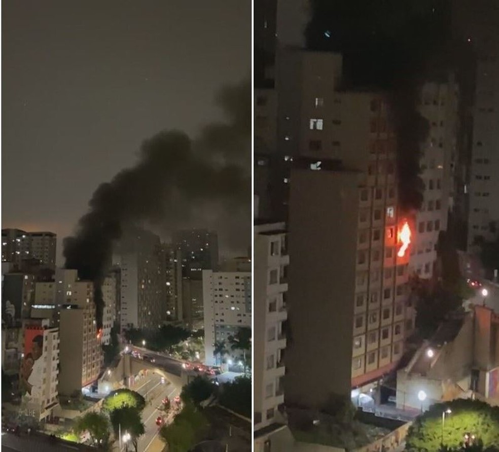 Incêndio atingiu o sexto andar de um prédio na República, Centro de São Paulo — Foto: Reprodução/TV Globo