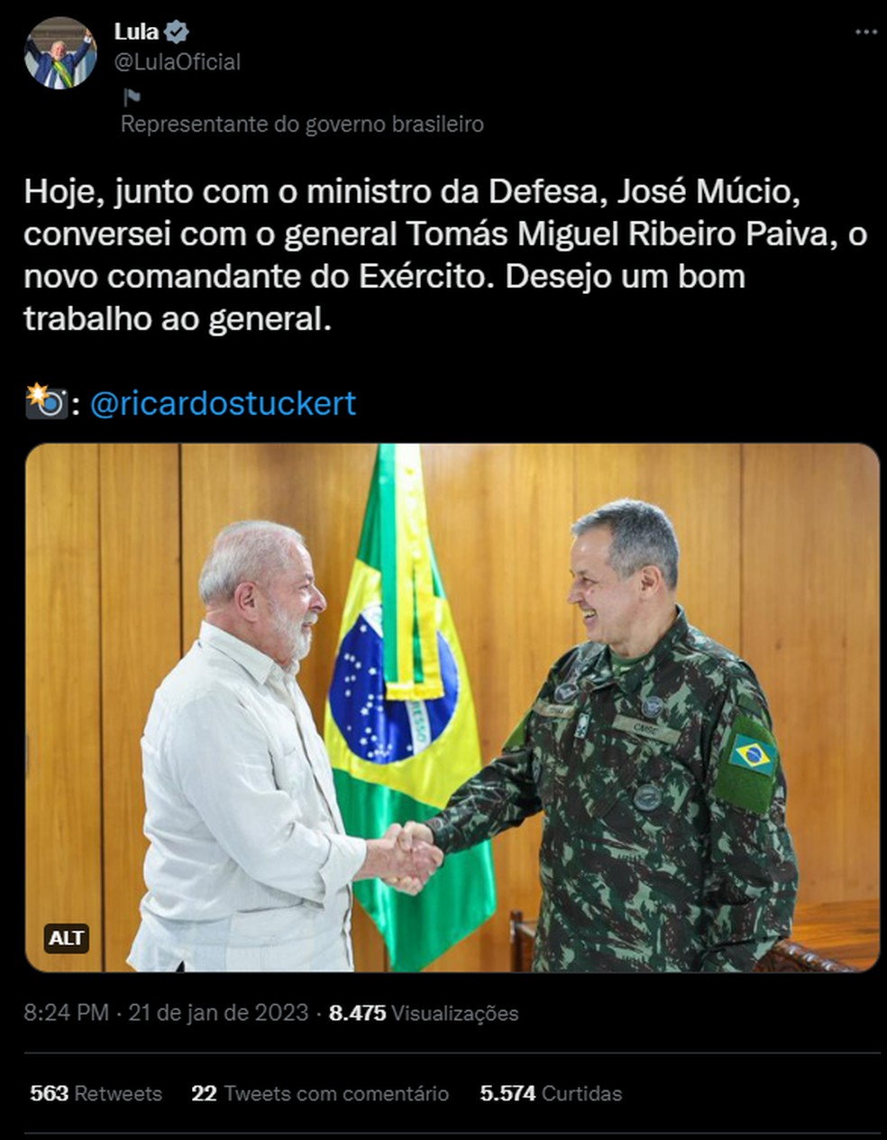 No Twitter, Lula apresentou o novo comandante do Exército — Foto: Reprodução/Twitter