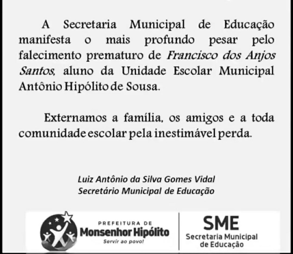 Secretaria Municipal de Educação de Monsenhor Hipólito, no Piauí, divulgou nota de pesar por morte de adolescente — Foto: Reprodução/Redes sociais