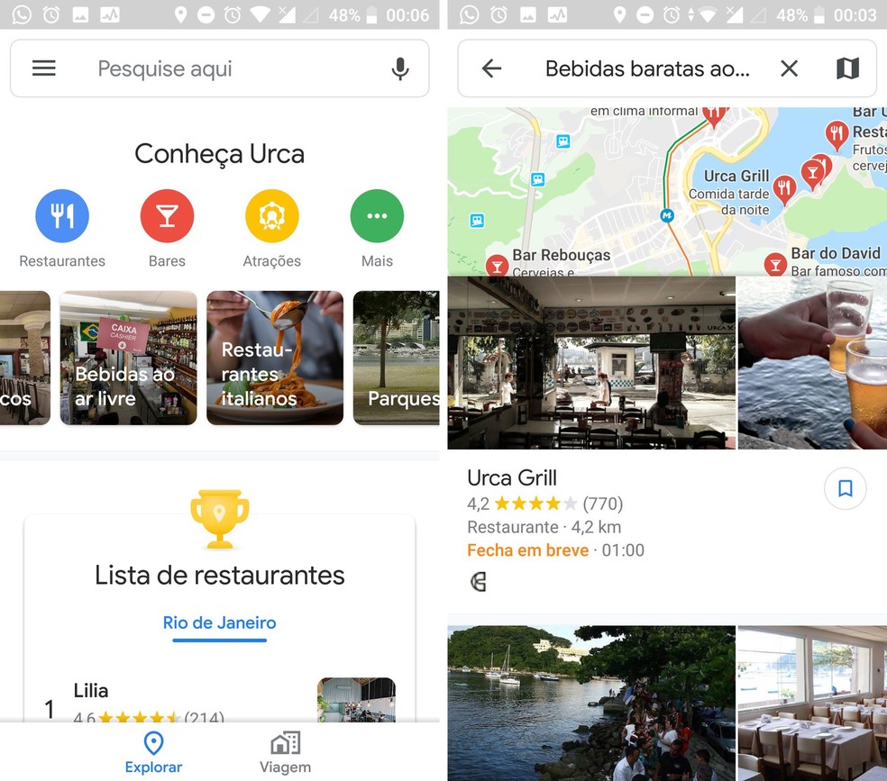 Seção do Google Maps ajuda a explorar a área onde o usuário estiver — Foto: Reprodução/Isabela Cabral