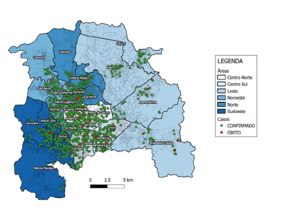 Mapa mostra concentra&ccedil;&atilde;o de casos de coronav&iacute;rus em Sorocaba (SP) &mdash; Foto: Prefeitura de Sorocaba/Divulga&ccedil;&atilde;o