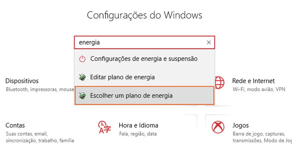 Acesse o menu "Escolher um plano de energia" nas Configurações do Windows — Foto: Reprodução/Tais Carvalho