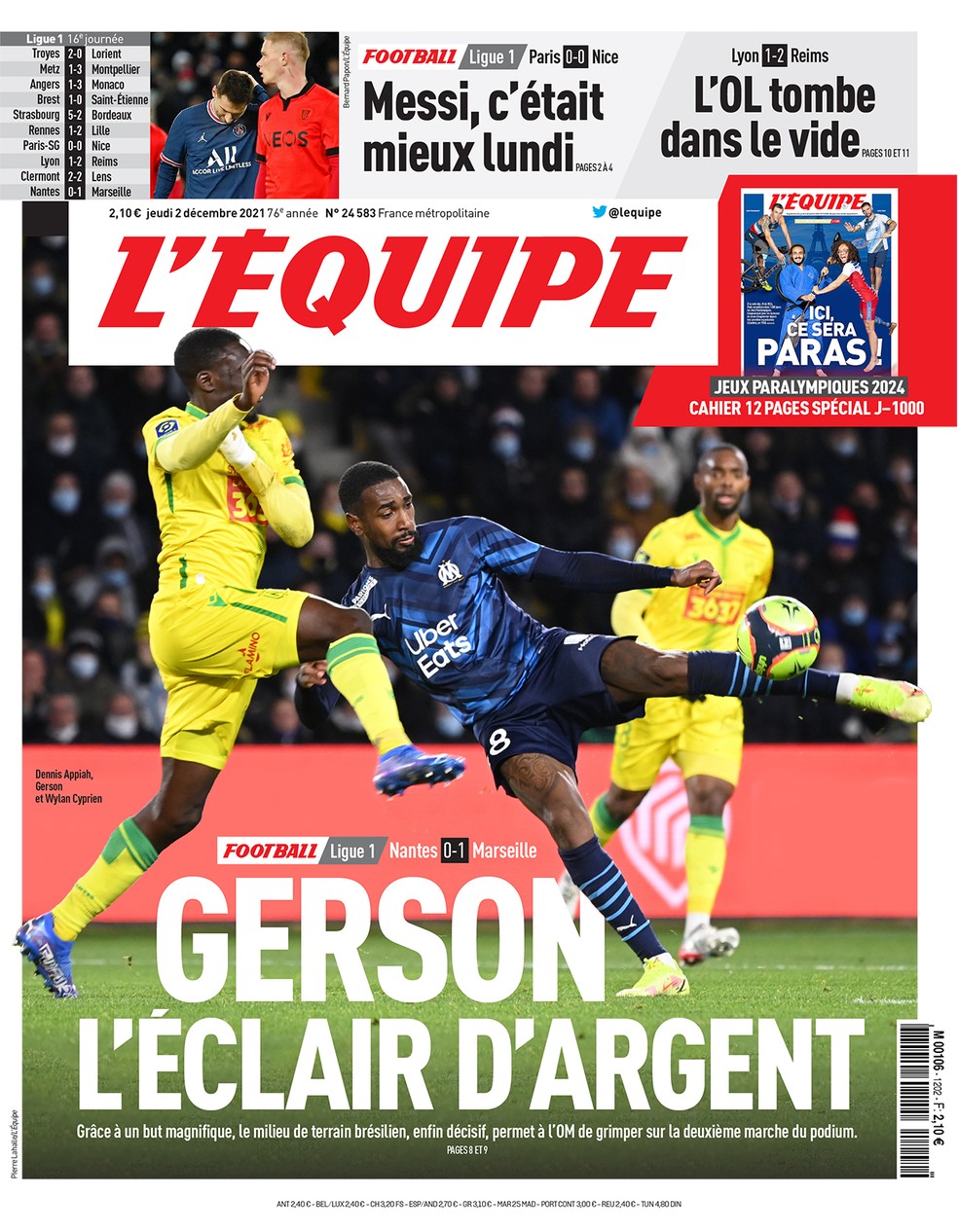 Jornal francês L'Equipe destaca Gerson em sua capa — Foto: Reprodução/Twitter