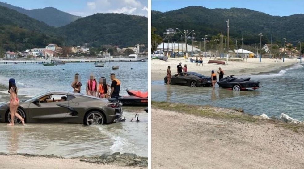 Carro de luxo ficou atolado em praia de Porto Belo — Foto: Caixa D'aço Aluguel de Lanchas/ Divulgação 