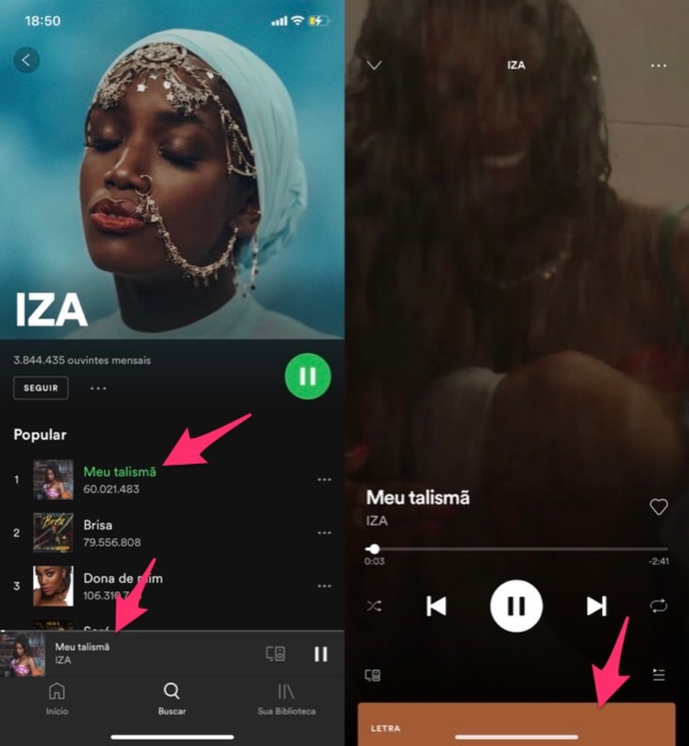 Ação para visualizar a letra de uma música no app do Spotify — Foto: Reprodução/Marvin Costa