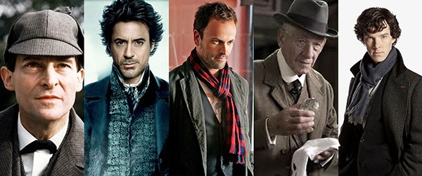 Jeremy Brett em The Adventures of Sherlock Holmes (1984-1985), Robert Downey Jr. em Sherlock Holmes (2009), Jonny Lee Miller em Elementary (2012-atual), Ian McKellen em Sr. Sherlock Holmes (2015), e Benedict Cumberbatch em Sherlock (2010-atual)   (Foto: Divulgação)