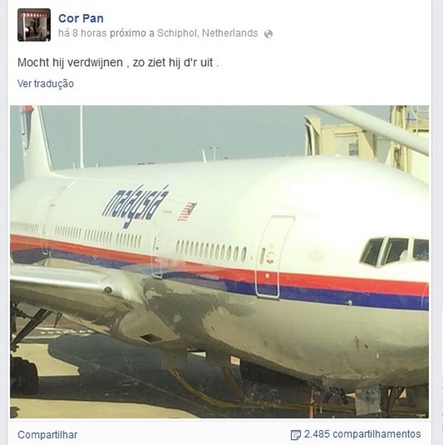 Post no Facebook de holandês mostra foto de avião e os dizeres: 'Se ele desaparecer, é assim que se parece' (Foto: Reprodução/Facebook/Cor Pan)