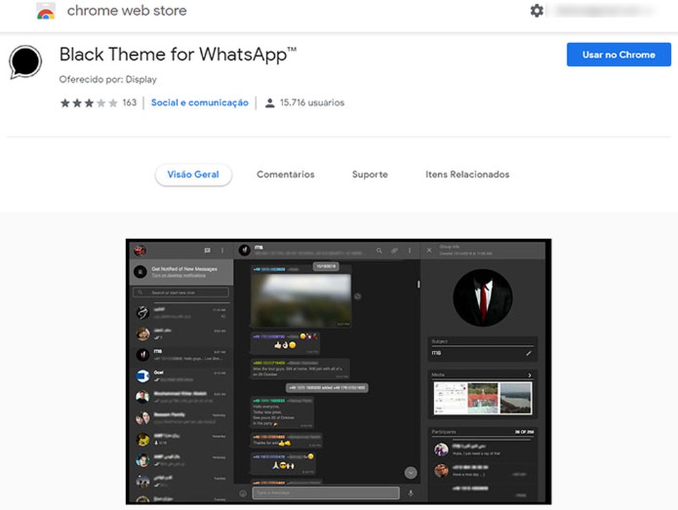 Extensão do Chrome com 'tema escuro' para o WhatsApp envolvida no golpe soma mais de 15 mil downloads. — Foto: Reprodução