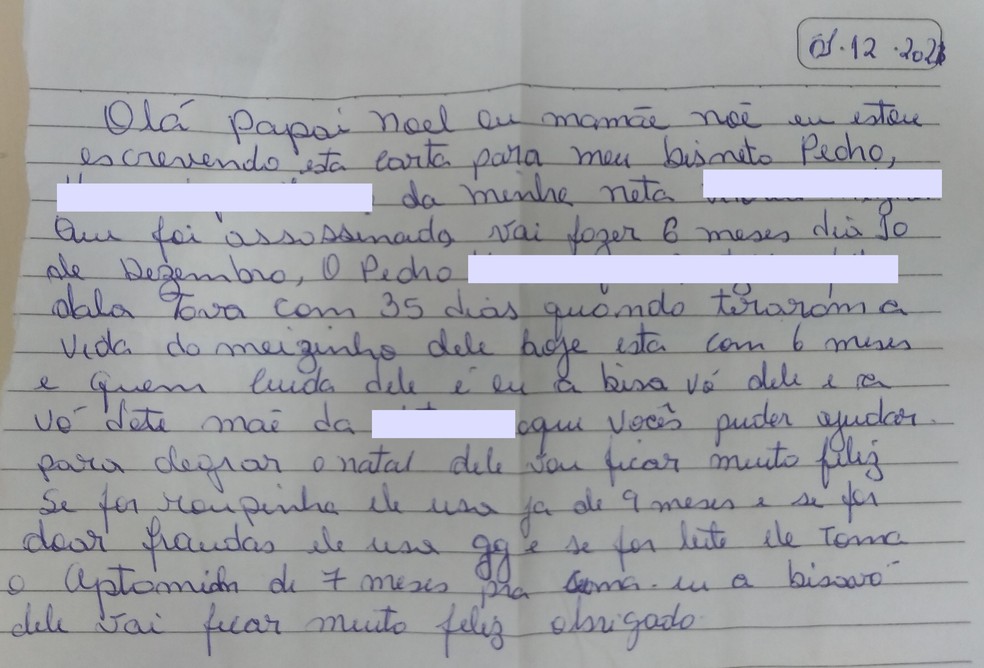 Carta do Pedro enviada ao Papai Noel dos Correios: a bisavó pede fraldas. — Foto: Reprodução/Blog do Noel