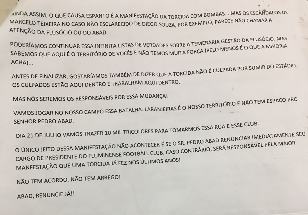 Segunda e última página do documento para ser lido na reunião do Conselho (Foto: Divulgação)