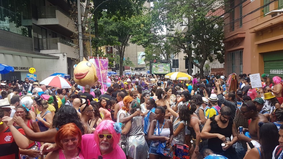 Foliões tomam a Rua Visconde de Caravelas, em Botafogo, na Zona Sul do Rio, durante passagem do bloco Calma, Calma, Sua Piranha — Foto: Tatiana Queiroz/Divulgação