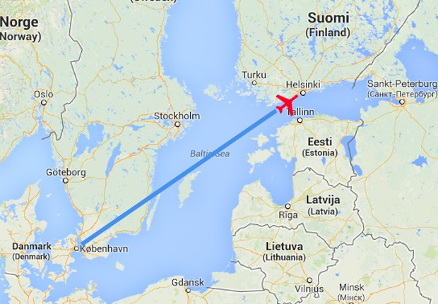 Voo AY666 saiu de Copenhague, na Dinamarca, em uma sexta-feira 13 com destino a HEL, abreviação da cidade de Helsinque, na Finlândia (Foto: Reprodução/Google Maps)