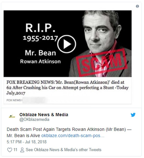Fake news sobre Rowan Atkinson (Foto: Twitter)