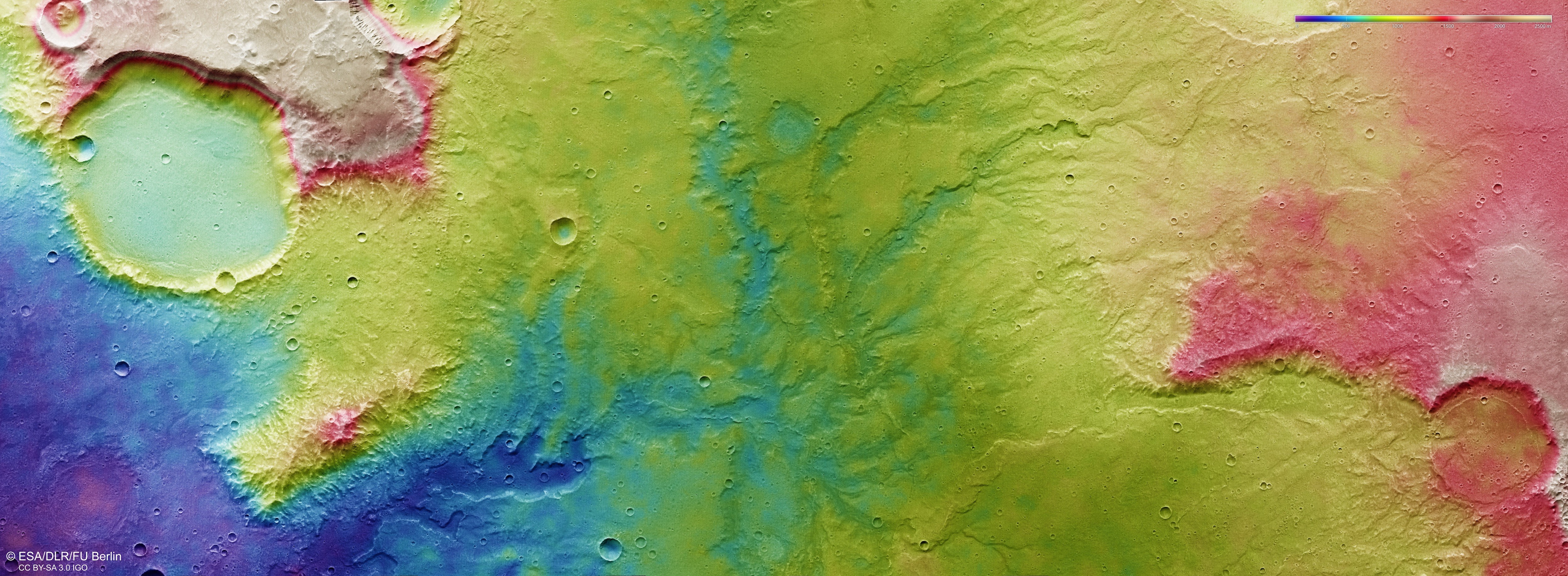 Mapa topográfico mostra as alturas relativas do terreno ao redor de Marte. (Foto: ESA/DLR/FU Berlin - CC BY-SA 3.0)