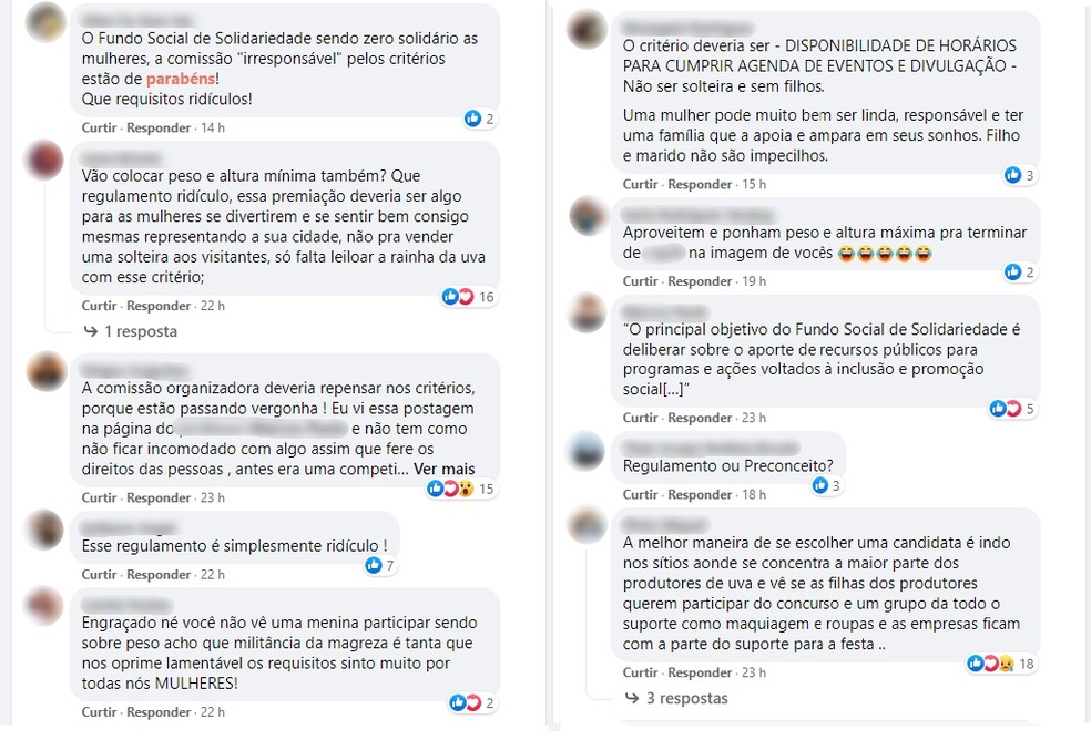 Várias internautas criticaram concurso de miss em São Miguel Arcanjo — Foto: Facebook/Reprodução