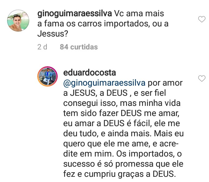 Eduardo Costa responde pergunta de fã (Foto: Reprodução Instagram)