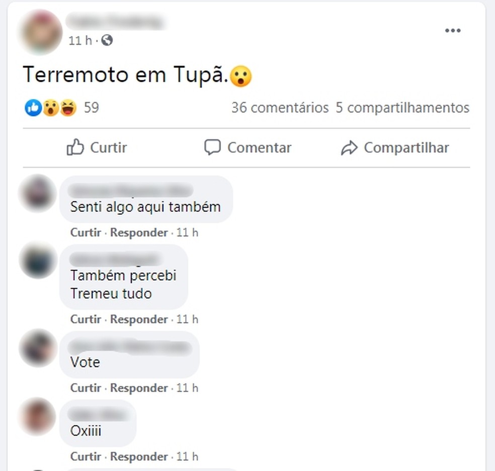 Moradores de Tupã falaram sobre o tremor nas redes sociais  — Foto: Facebook/ Reprodução