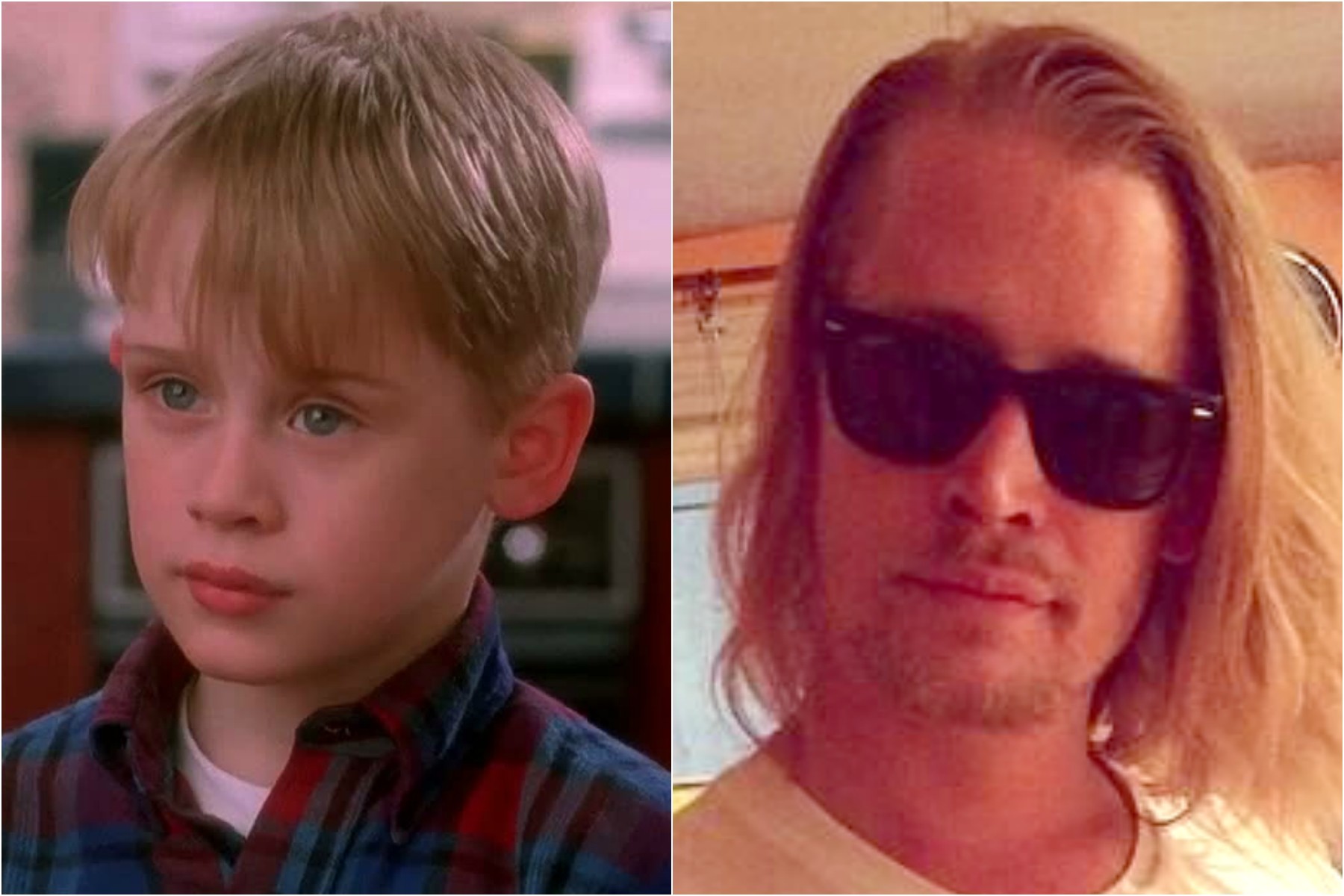 Macaulay Culkin em 'Esqueceram de Mim' (1990), quando tinha 10 anos de vida, e nos dias de hoje, com 33. (Foto: Divulgação e Twitter)