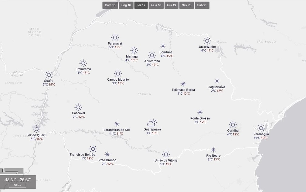 Temperaturas devem ser baixas em cidades do Paraná, na terça (17) — Foto: Divulgação/Simepar