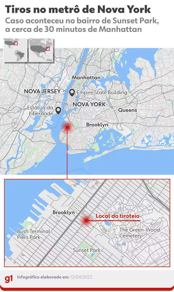 Mapa mostra local do tiroteio em Nova York — Foto: Arte g1