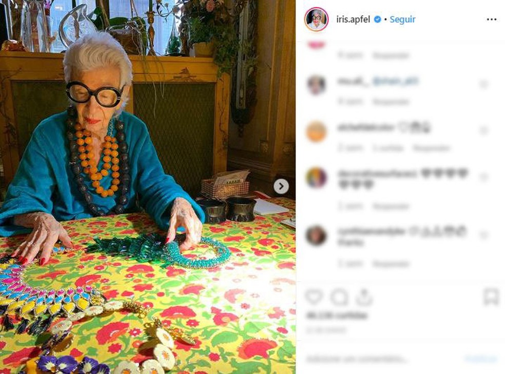 EmpresÃ¡ria Iris Apfel, de 97 anos. â Foto: ReproduÃ§Ã£o/Instagram/@iris.apfel
