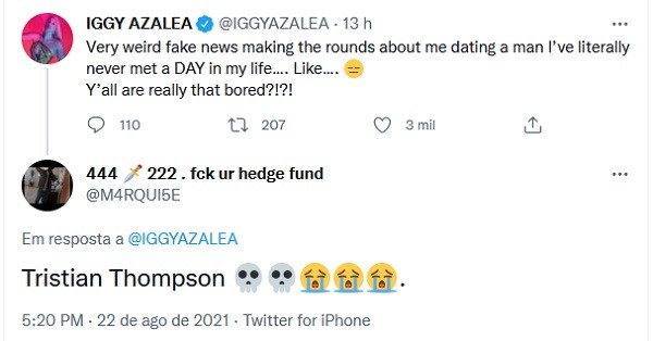A rapper Iggy Azalea sendo acusada por uma pessoa de manter um affair com o jogador de basquete Tristan Thompson (Foto: Twitter)