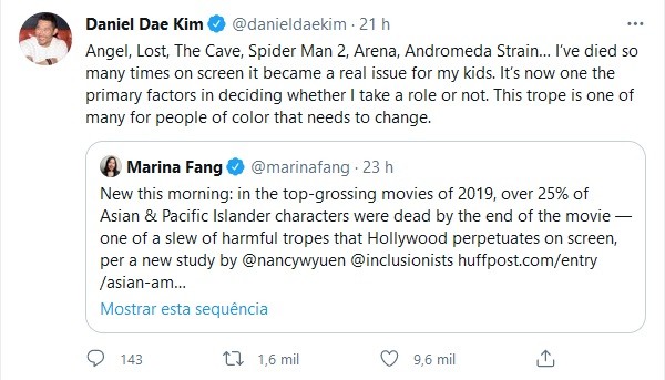 O tuíte do ator Daniel Dae Kim lamentando as mortes constantes de seus personagens em produções hollywoodianas (Foto: Twitter)