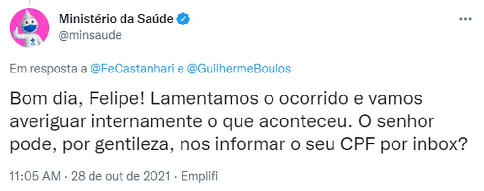 Ministério da Saúde respondeu ao tuíte de Felipe Castanhari sobre a troca de dados — Foto: Reprodução/Redes Sociais