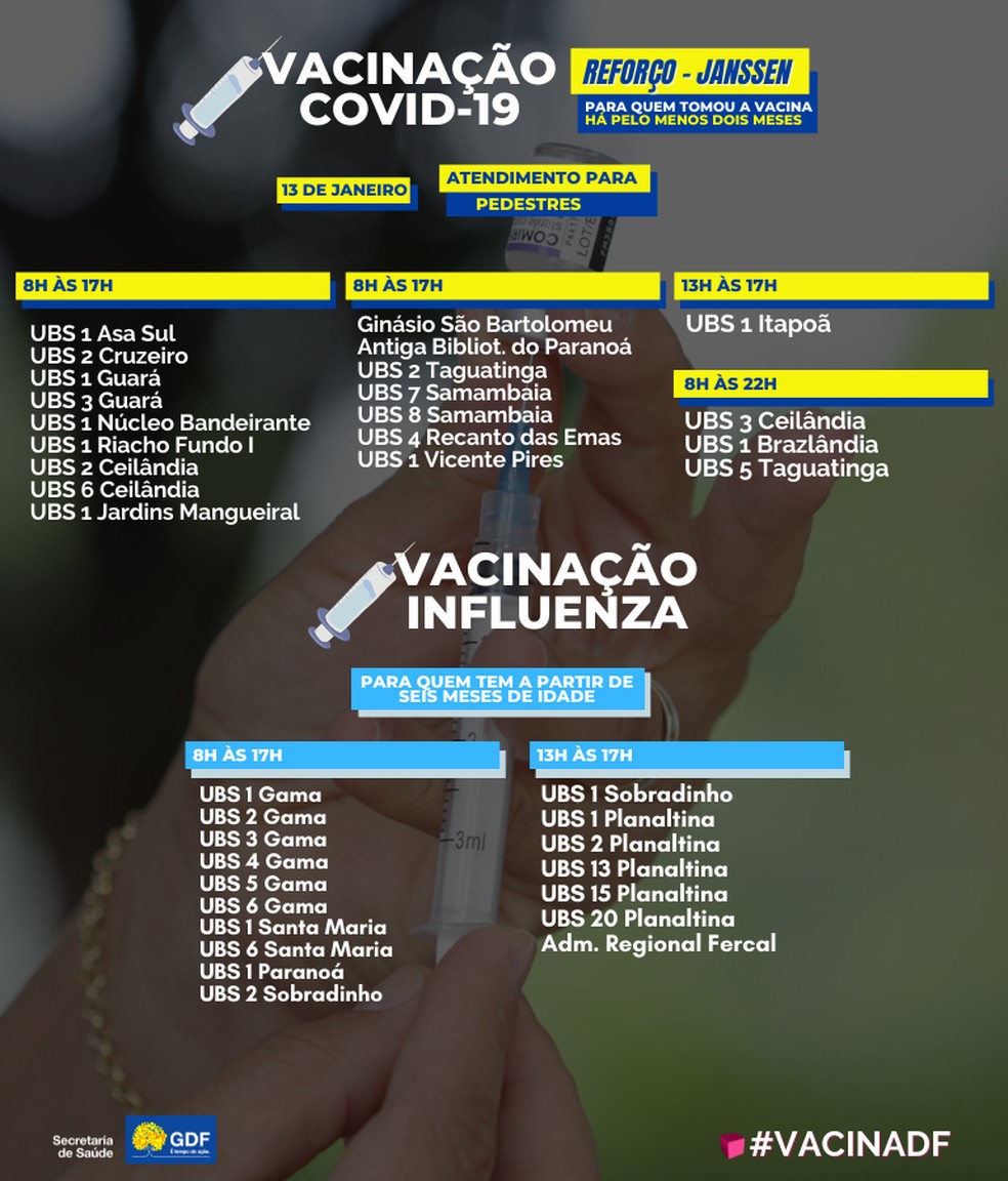 Postos para vacinação contra Covid-19 e gripe no DF, nesta quinta-feira (13) — Foto: SES-DF/Reprodução