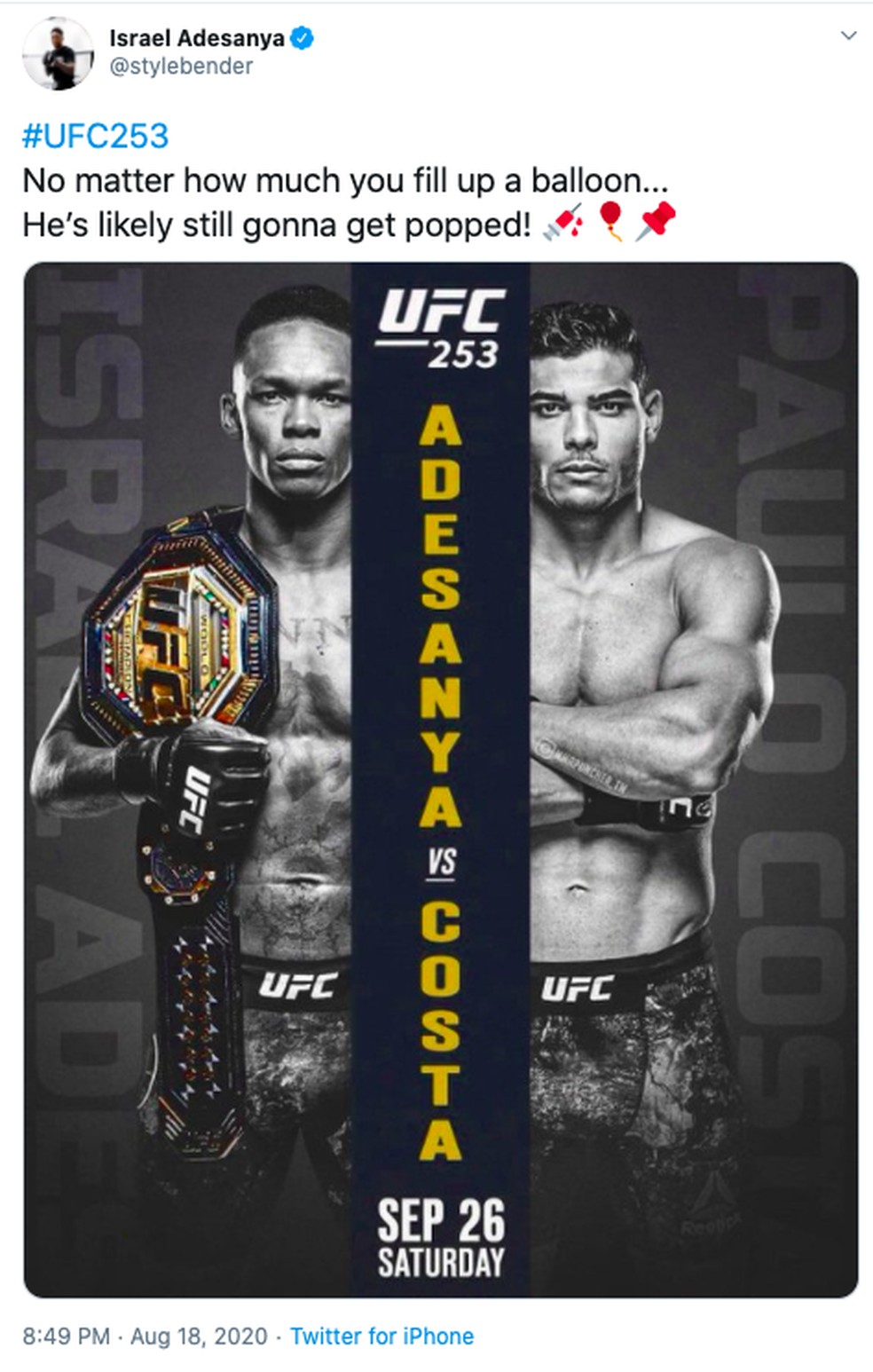 Israel Adesanya provoca Paulo Borrachinha no Twitter — Foto: Reprodução/Twitter