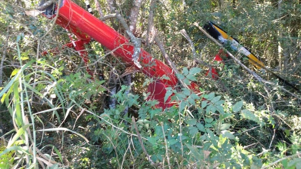 Helicóptero que caiu em região de mata de Ibiúna, interior de São Paulo.  — Foto: Reprodução/Redes Sociais