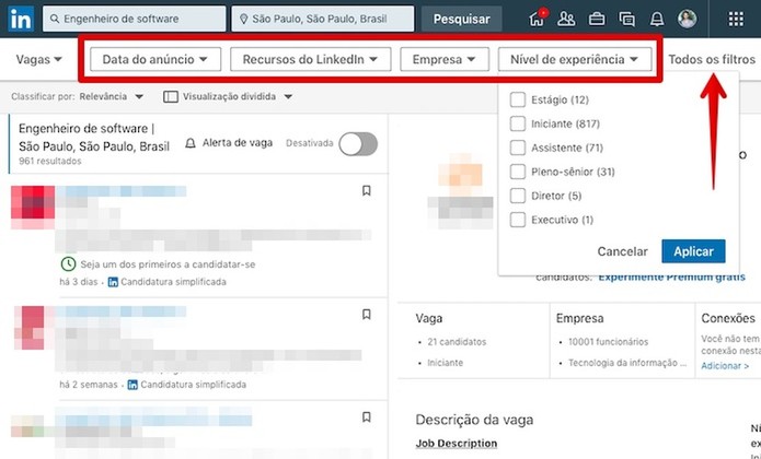 Refine os resultados com os filtros do LinkedIn (Foto: Reprodução/Helito Bijora) Refine os resultados com os filtros do LinkedIn (Foto: Reprodução/Helito Bijora)