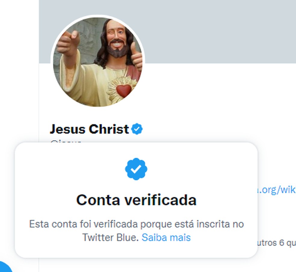 Mensagem exibida no perfil @Jesus no Twitter mostra que a conta recebeu o selo azul, de verificada, por assinar a versão paga do Twitter Blue, que custa US$ 8 por mês — Foto: Reprodução/Twitter/@Jesus