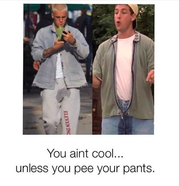 A montagem compartilhada por Justin Bieber fazendo graça com sua calça molhada (Foto: Instagram)