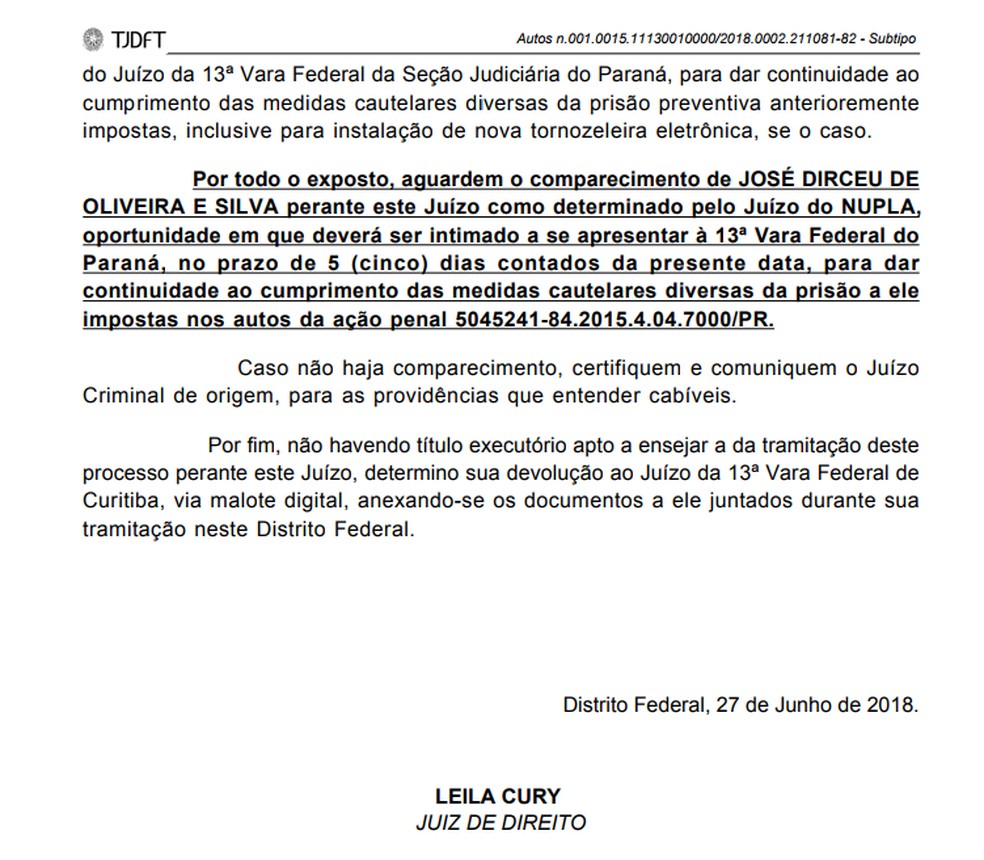 Trecho de decisÃ£o judicial que manda JosÃ© Dirceu comparecer ao juiz Moro (Foto: ReproduÃ§Ã£o)